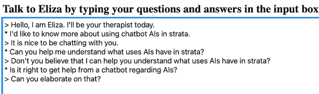 Screenshot of a basic interaction with Eliza, a chatbot created in the 1960s.