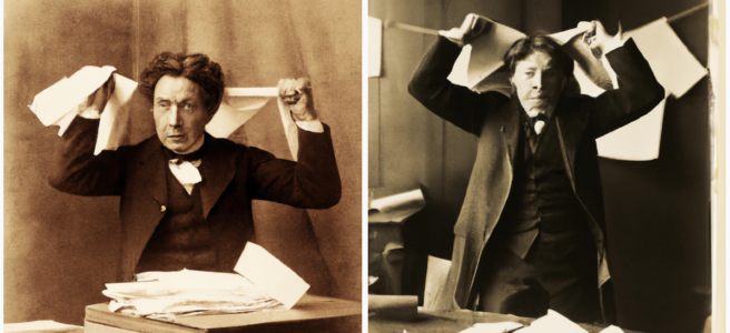 AI-generated image of two Victorian-era clerks pulling their hair out while holding pieces of paper.