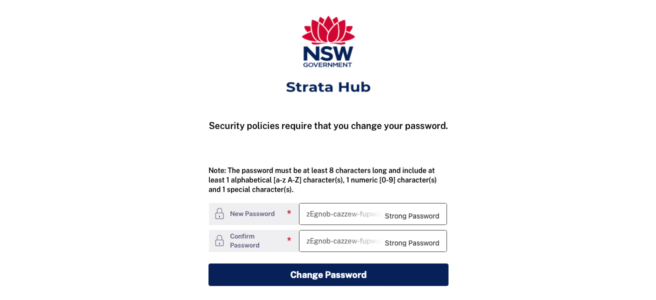 A "password reset required" screen from the NSW Government Strata Hub website.